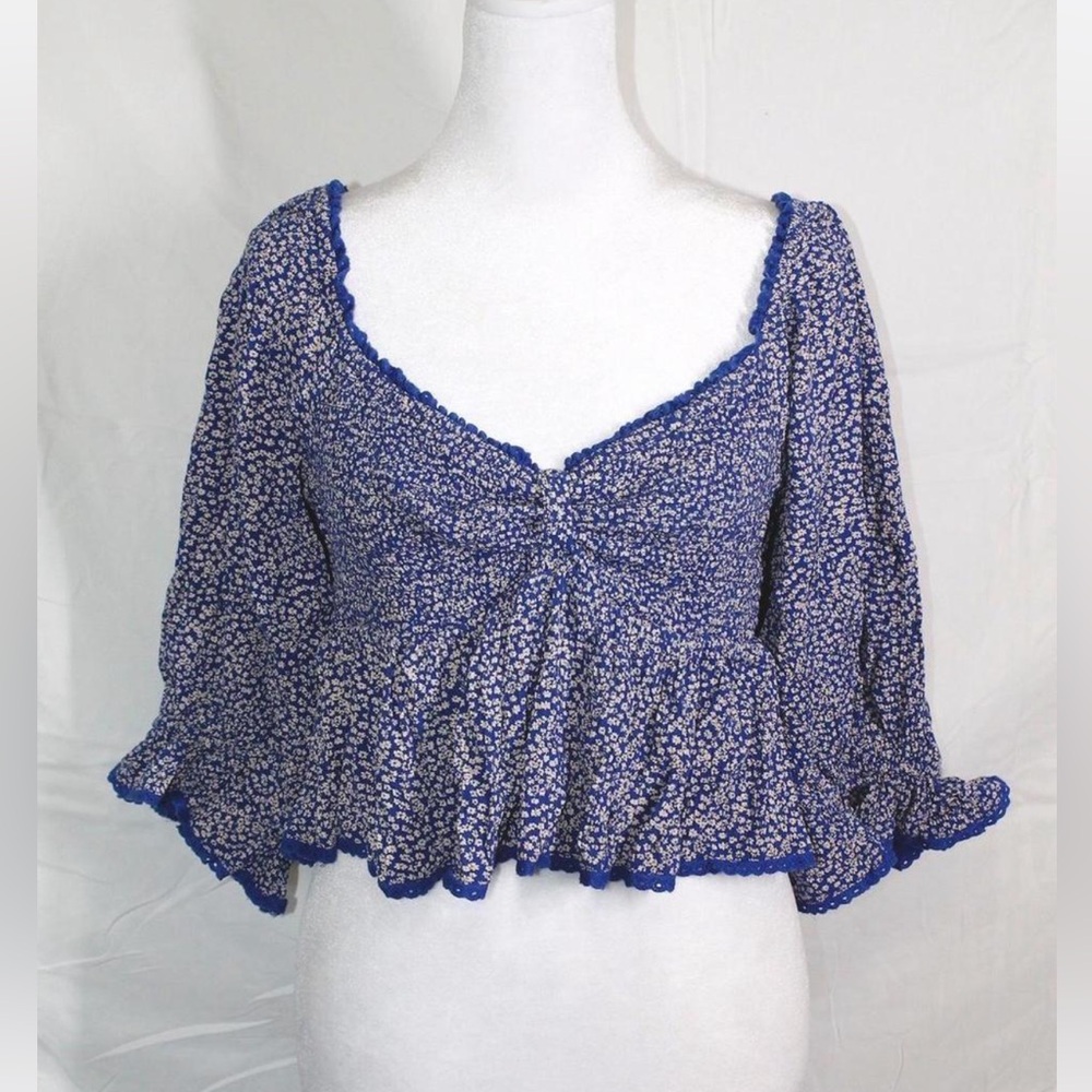 Free People Royal Blue Flower Blouse